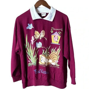 BASIC EDITIONS | Vintage 90s Bird Watching Collared Burgundy Sweatshirt Size XL